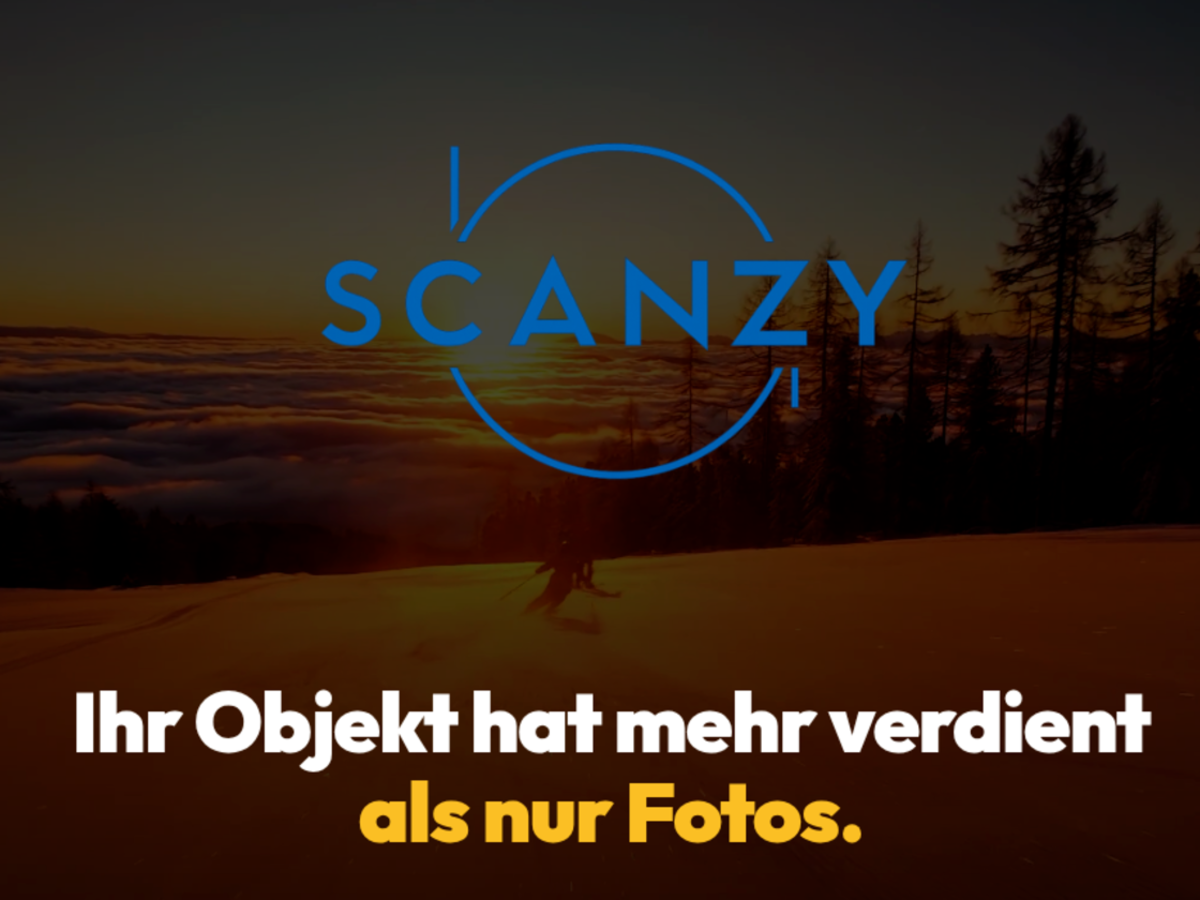 scanzy.at Startseite — Wortmarke SCANZY über einer dunklen Berglandschaft mit der Headline „Ihr Objekt hat mehr verdient als nur Fotos."